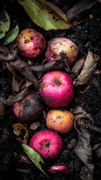 Fallen red apples scattered among dark brown leaves on forest ground