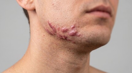 Naklejka premium Side profile of young man jawline with hypertrophic keloid scars from severe acne