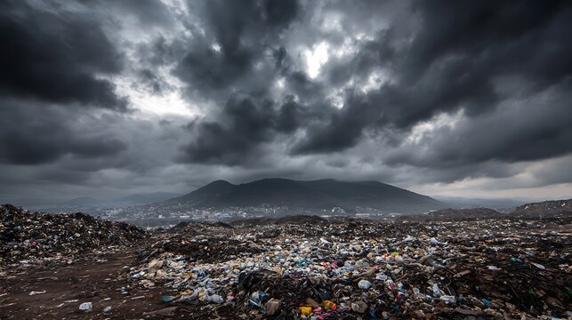 Large landfill heaps of garbage under a dramatic, foreboding sky