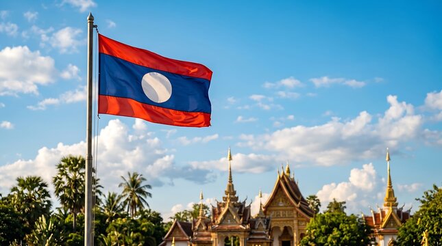 National flag of Laos waving on flagpole with traditional Buddhist temple and blue sky background