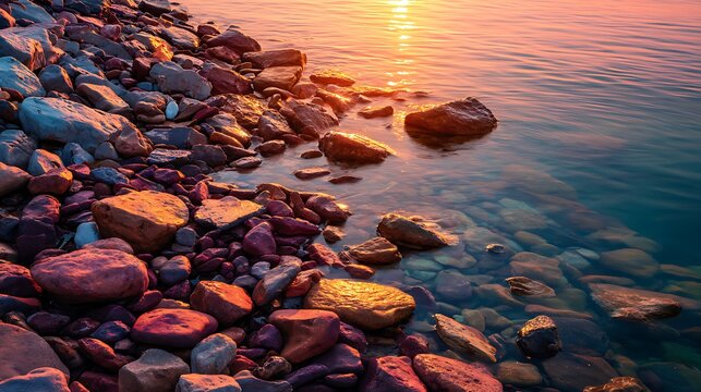 Golden sunset light reflects beautifully on wet rocks along serene lake