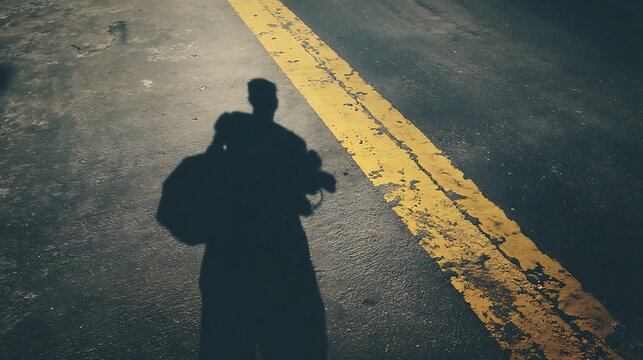 Lone figures shadow with camera crosses a faded yellow road line