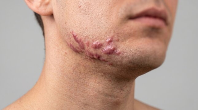Side profile of young man jawline with hypertrophic keloid scars from severe acne