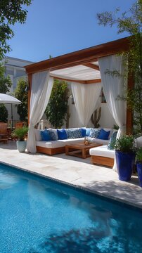 Luxurious outdoor cabana with blue cushions beside a sparkling swimming pool