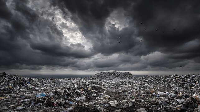 Massive landfill with flying birds under an ominous, dark cloudy sky
