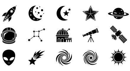 Space Exploration Icons Black Silhouettes On White Background astronomy celestial © JOHIRUL_STUDIO