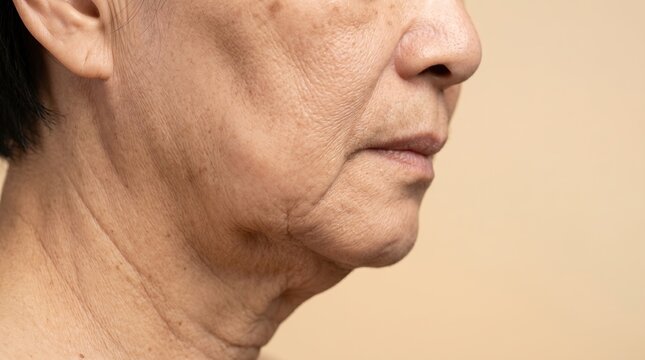 Side view close up of mature woman face with sagging skin and wrinkles