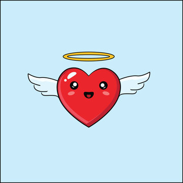 cute kawaii angel heart character with wings, golden halo, and smiling face vector illustration. 
perfect for Valentine's Day