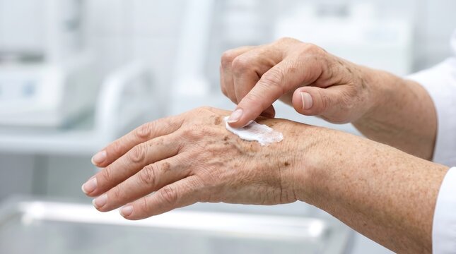 Senior woman hands applying medical moisturizing cream on dry skin with dark senile lentigo
