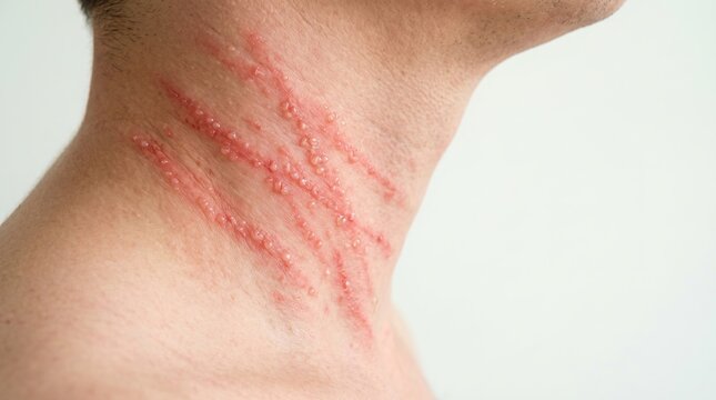 Severe linear contact dermatitis rash with water blisters on a male neck from plant allergy