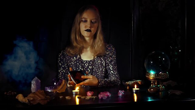 Woman psychic interprets tarot cards including Sun and Empress during a divination ritual with crystal ball candles smoke amethyst and runes in a dark mystical setting