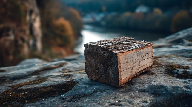 Rustic wood block rests on ancient rock overlooking river valley