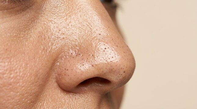 Macro close up of oily male nose with clogged pores and visible blackheads