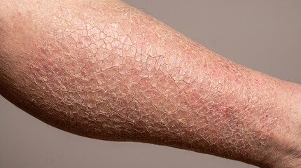 Fototapeta premium Close up view of severe ichthyosis vulgaris skin condition with dry scaly plaques on leg