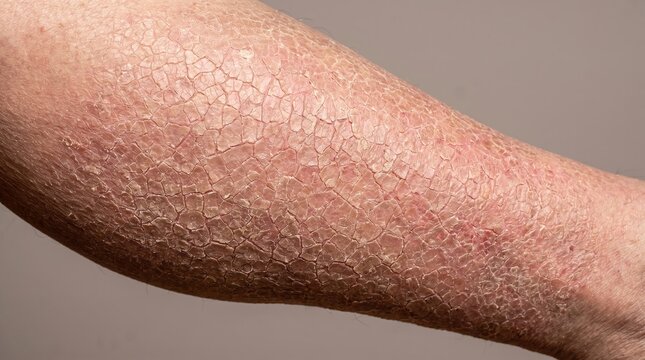 Close up view of severe ichthyosis vulgaris skin condition with dry scaly plaques on leg