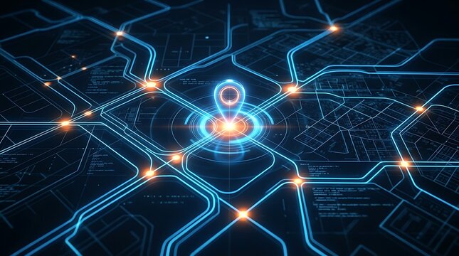 Digital map interface with glowing location pin and connected network lines representing global connectivity and advanced modern navigation technology