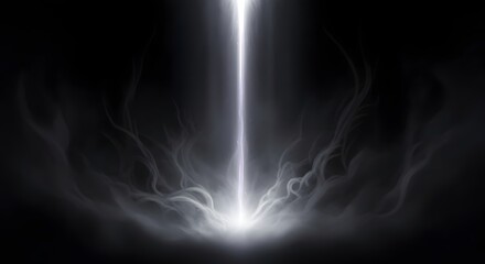 Powerful white energy beam hitting dark ground with mystical smoke and ethereal tendrils. © wahris