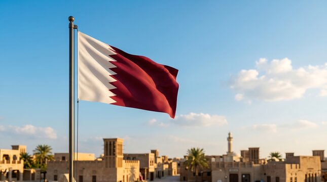 National flag of Qatar waving on pole against traditional Arabic city architecture and blue sky