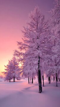 Snow covered trees glow under a vibrant winter sunrise