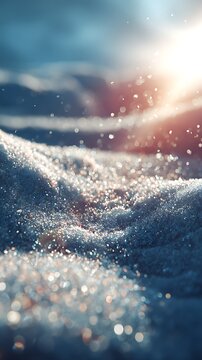 Sparkling snow surface illuminated by a bright sun flare