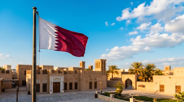 National flag of Qatar waving on pole against traditional Arabic heritage architecture and blue sky