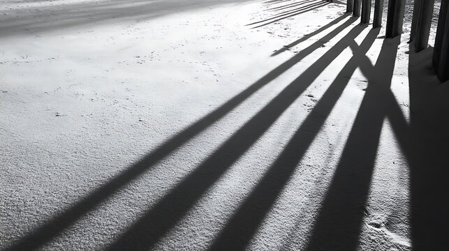 Striking fence shadows stretch dramatically across a snowy winter landscape