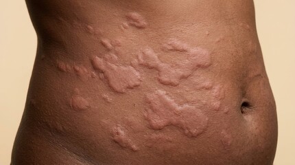 Fototapeta premium Acute urticaria skin rash with raised erythematous wheals on a male dark stomach