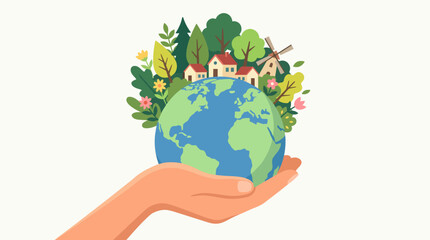 Fototapeta premium This image represents care for the Earth, illustrating a hand holding the planet, surrounded by nature, embodying themes of environmental conservation and sustainability.