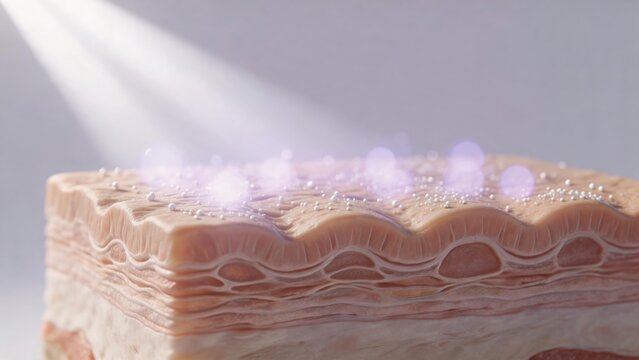 3D render illustration of ultraviolet UV rays radiating and damaging human skin barrier layer