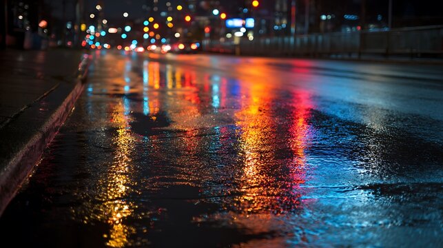 Wet city street at night reflecting vibrant urban lights