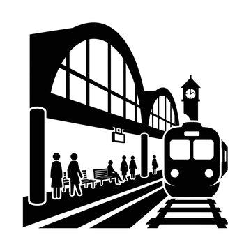 Train station silhouette with passengers and clock tower