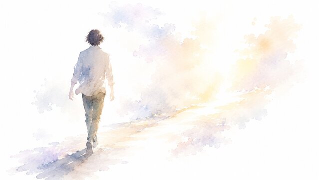 明るい光の差す方向へ前進する人物の後ろ姿が描かれた水彩画のイラスト