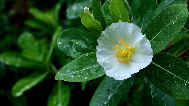 White blossom with yellow center covered in fresh raindrops