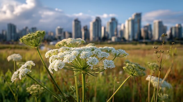 Wild white flowers bloom in a field with a modern city skyline