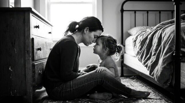 Mother and young daughter share a tender forehead touch in a sunlit bedroom, creating a beautiful moment of family bonding and love.