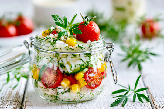 Healthy Rice Salad in Glass Jar Lunch AI Generative