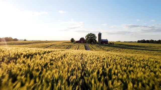 A serene farm landscape featuring wheat fields and a rustic barn.