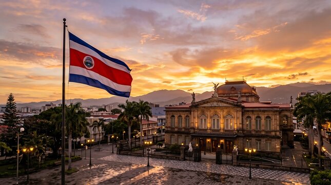 National Theatre and Costa Rican flag at sunset in San Jose city wide architectural landscape