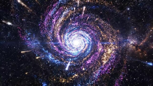A vibrant spiral galaxy surrounded by twinkling cosmic elements.