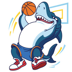 Naklejka premium This fun and energetic image showcases a cool shark playing basketball while wearing sporty attire, demonstrating a playful blend of aquatic life and sports culture.
