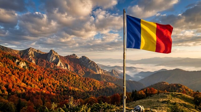 Romanian national flag waving on flagpole over autumn mountain landscape during sunset with dramatic sky clouds