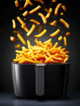 Crispy French Fries in Modern Air Fryer &ndash; Golden Fast Food Snack. AI generative.