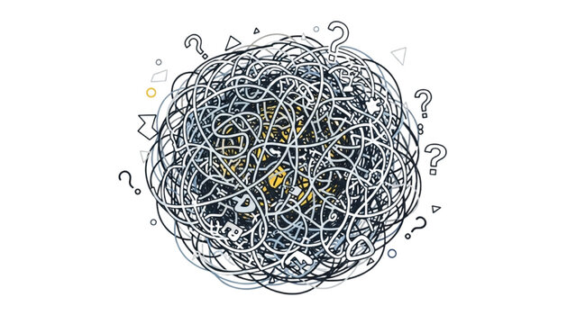 Confusing illustration depicts tangled lines and question marks swirling around a puzzle
