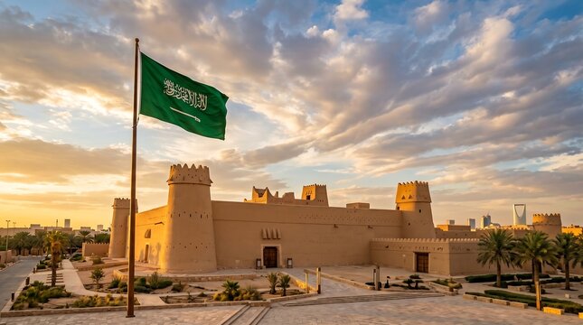 Saudi Arabian flag waving over historic Al Masmak Fortress in Riyadh during golden hour sunset landscape