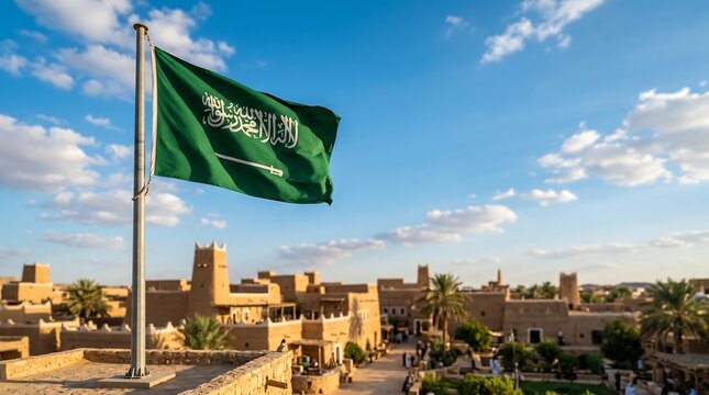Saudi Arabian flag waving over historical mud brick architecture in Diriyah city under blue sky