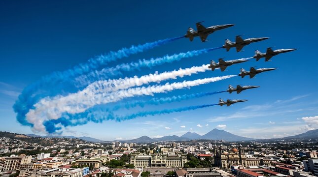 Seven fighter jets flying in formation emitting blue and white smoke trails over urban landscape