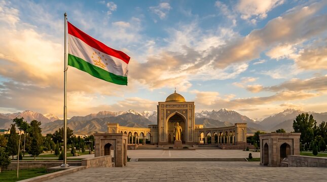 Tajikistan flag waving at Ismail Samani monument in Dushanbe against mountain sunset landscape background