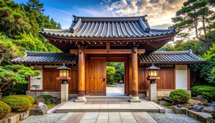 Fototapeta premium Traditional Chinese Pavilion in a Serene Park Garden with Ancient Oriental Architecture Under Blue Sky