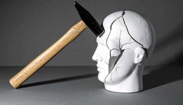 Ceramic head sculpture with cracks beneath striking hammer