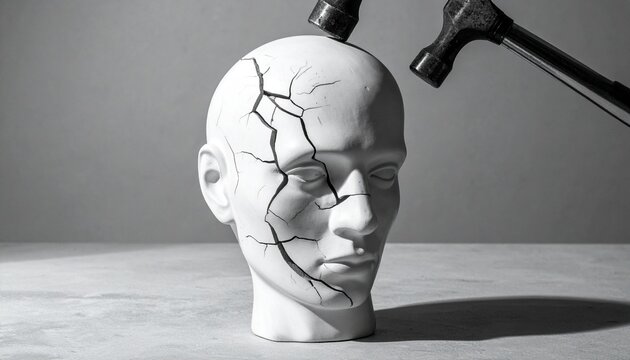 Ceramic head sculpture with cracks beneath striking hammer